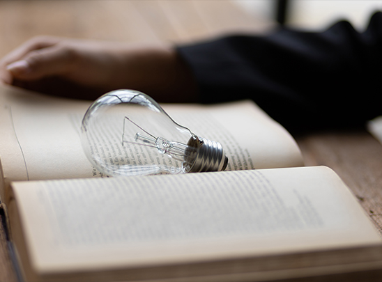 Eine Glühbirne liegt in einem Buch als Symbol für die Ideengeschichte von WARRELMANN & KLAPP.
